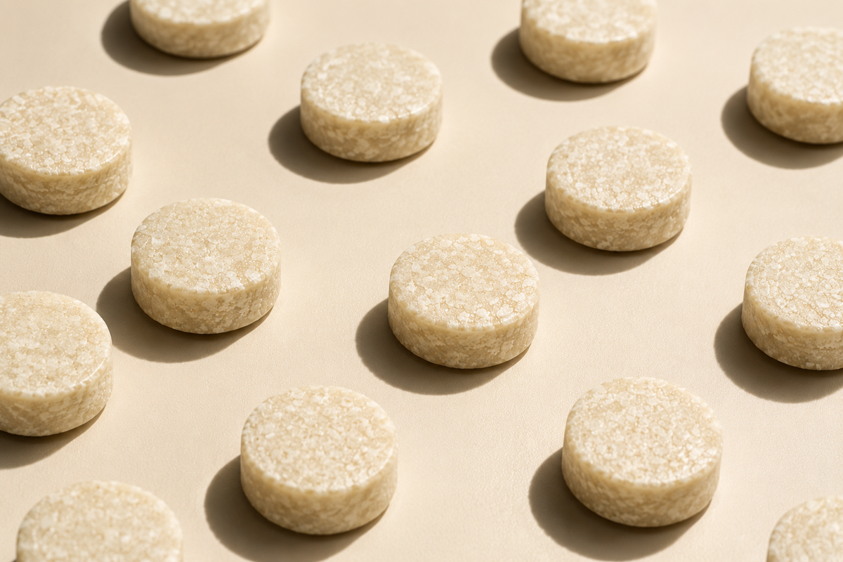 TORTIS creatine gum pieces arranged on a cream surface